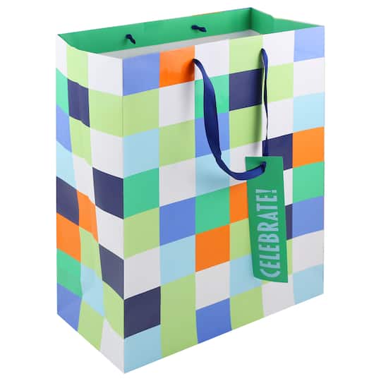 16" Green, Blue & Orange Check Print Gift Bag by Celebrate It™